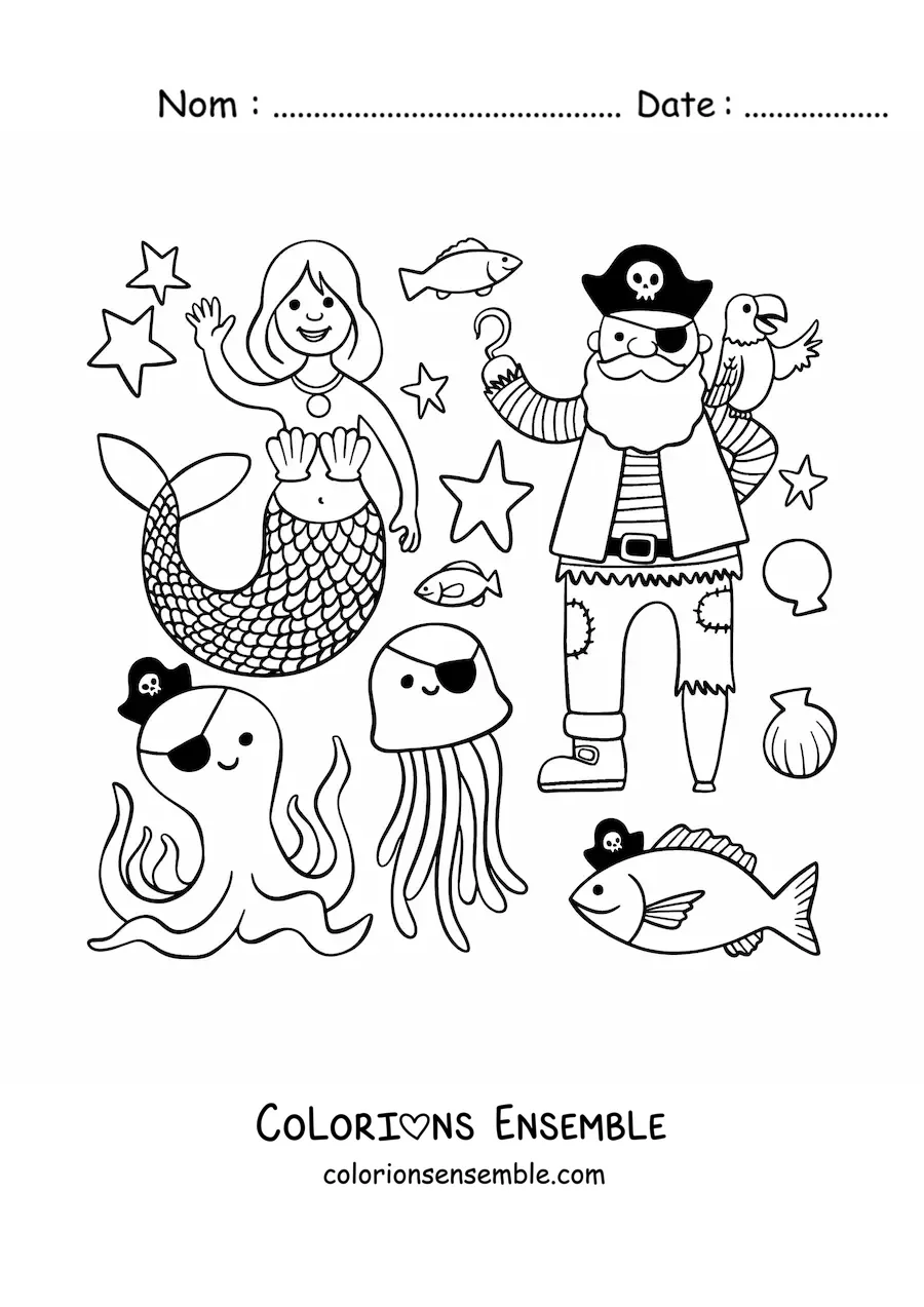 Coloriage d'un pirate animé avec une sirène et des animaux