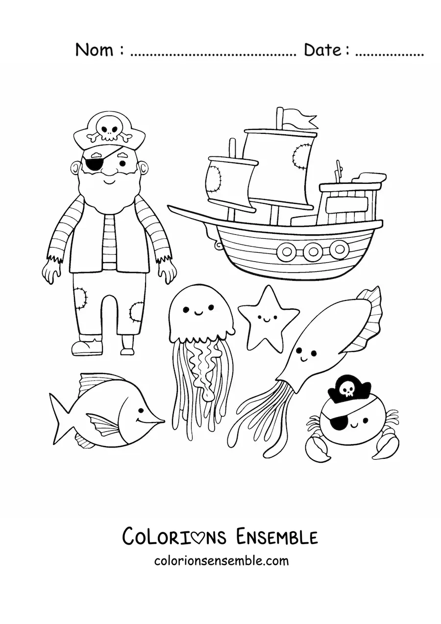 Coloriage d'un pirate animé avec un bateau et des animaux