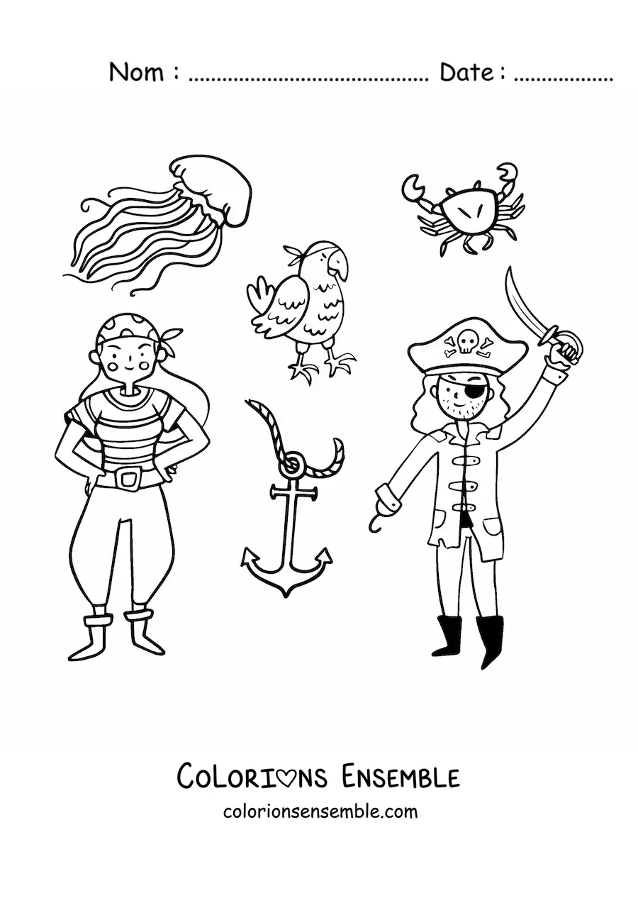 Coloriage d'un pirate avec une fille pirate et un perroquet