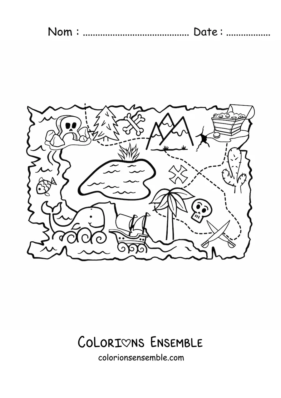 Coloriage d'une île au trésor sur une carte