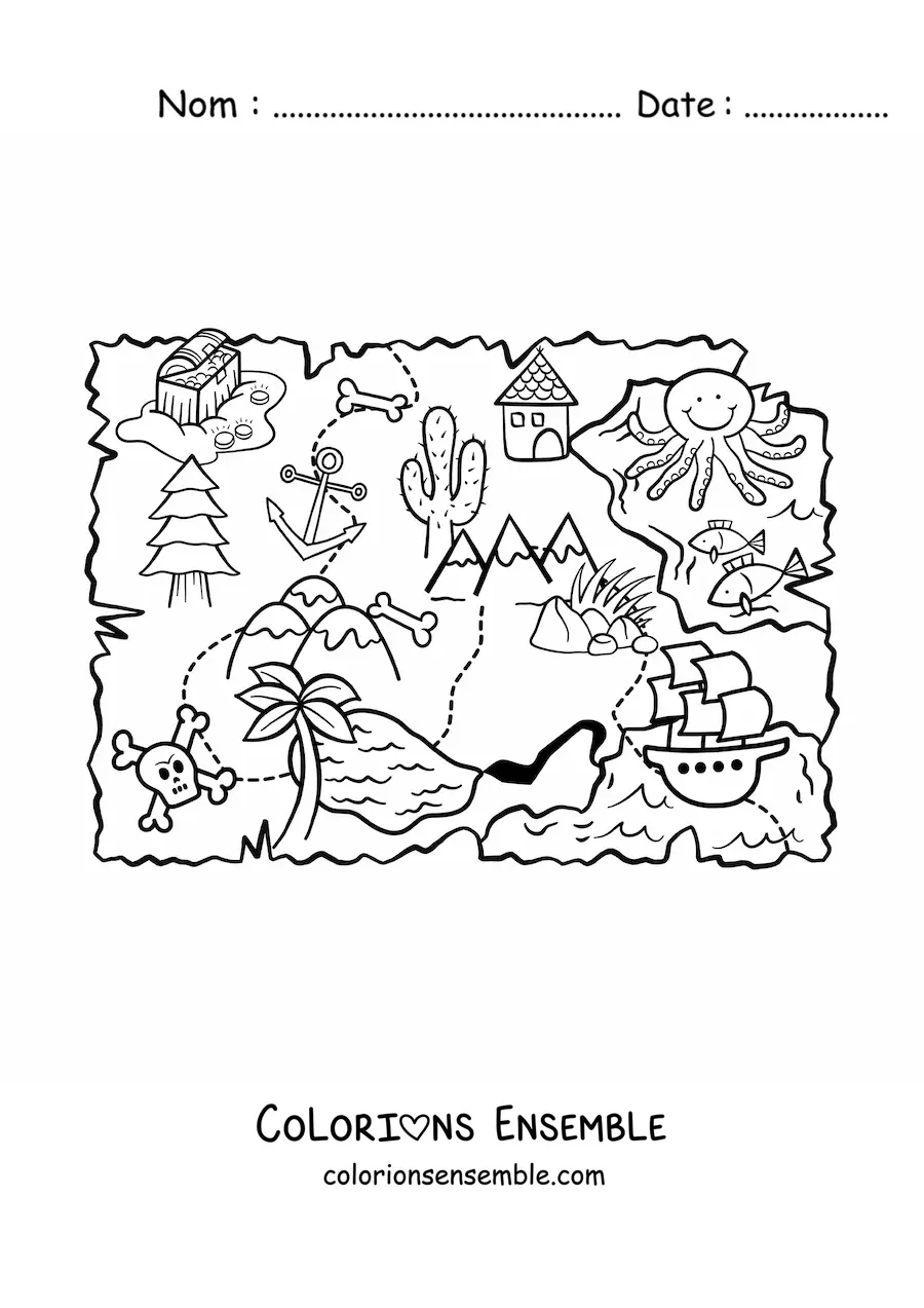 Coloriage d'une carte du trésor caché sur l'île