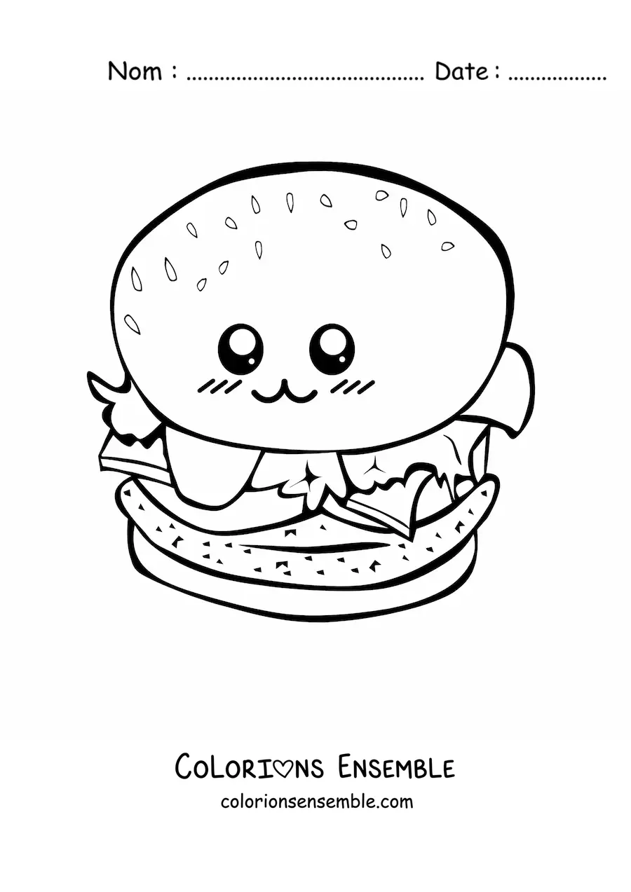 Image à colorier d'un hamburger kawaii animé