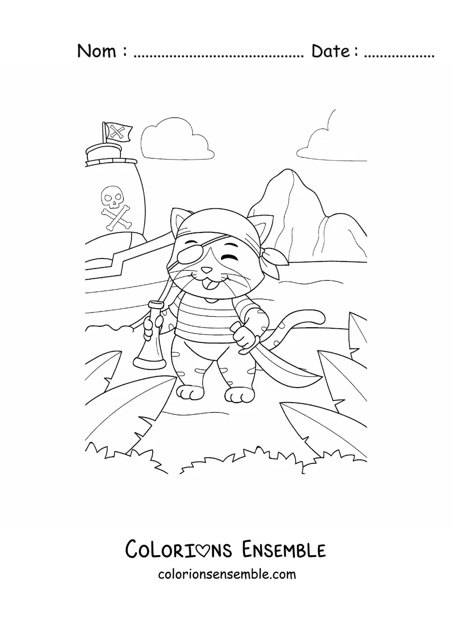 Coloriage d'un chat pirate animé sur l'île au trésor avec son bateau