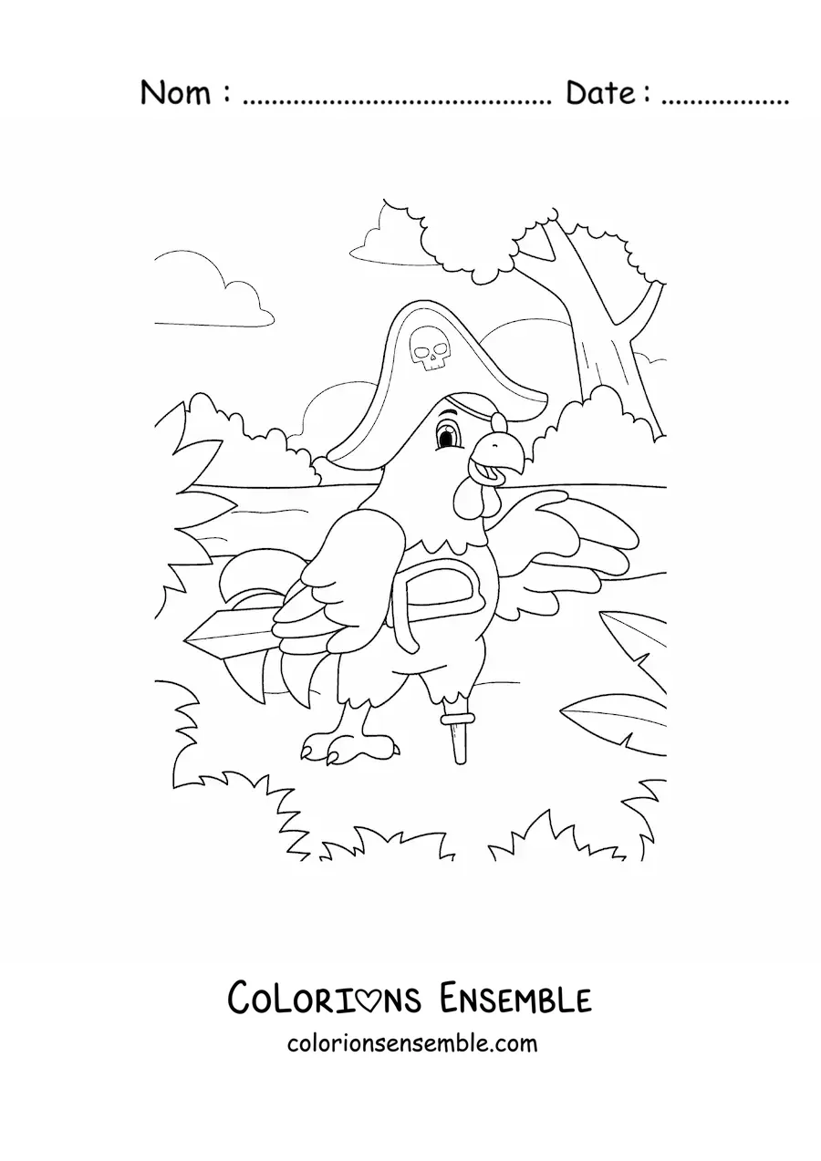 Coloriage d'une poule pirate animée sur l'île au trésor avec une épée