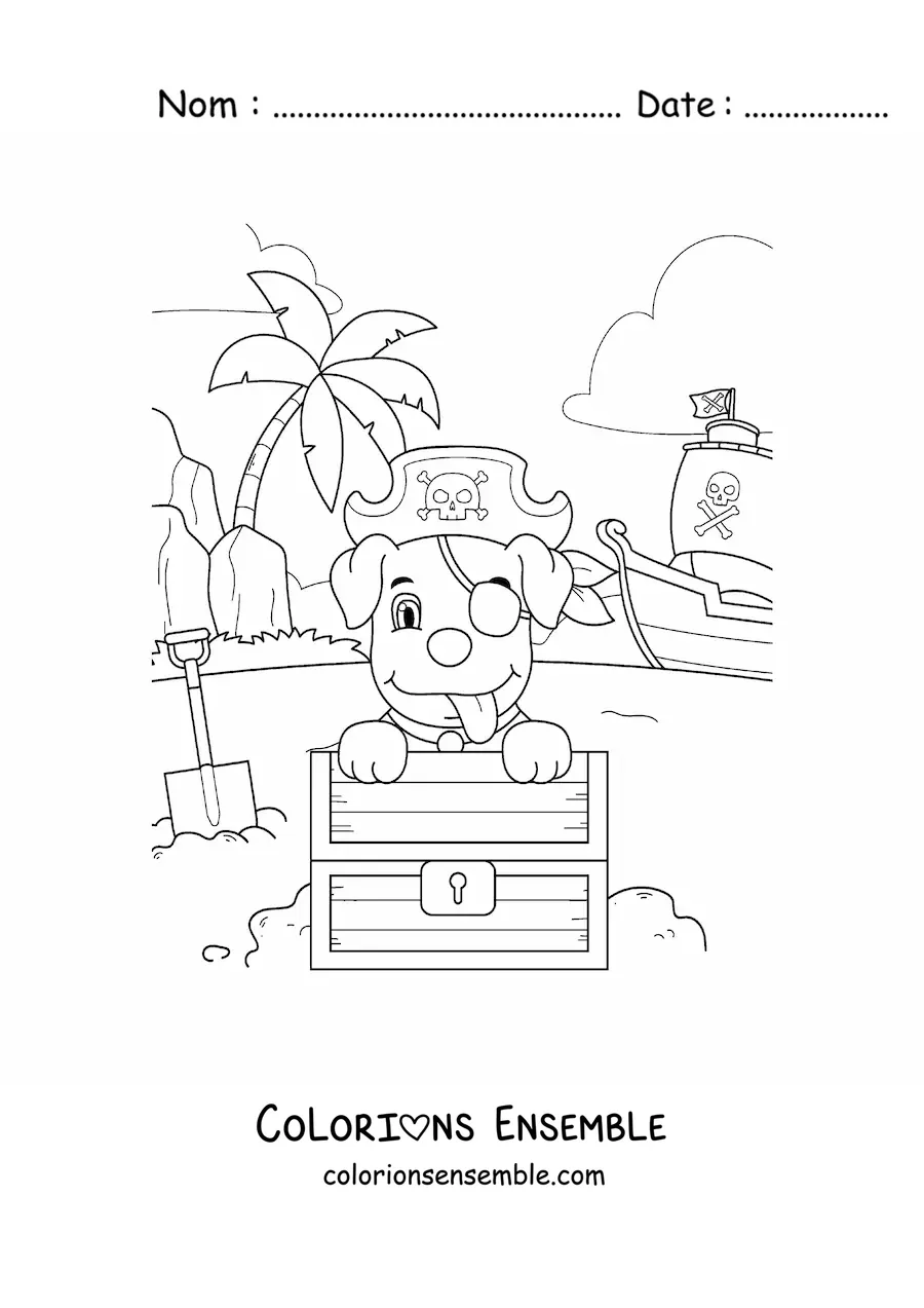 Coloriage d'un chien pirate animé déterrant un trésor devant son bateau