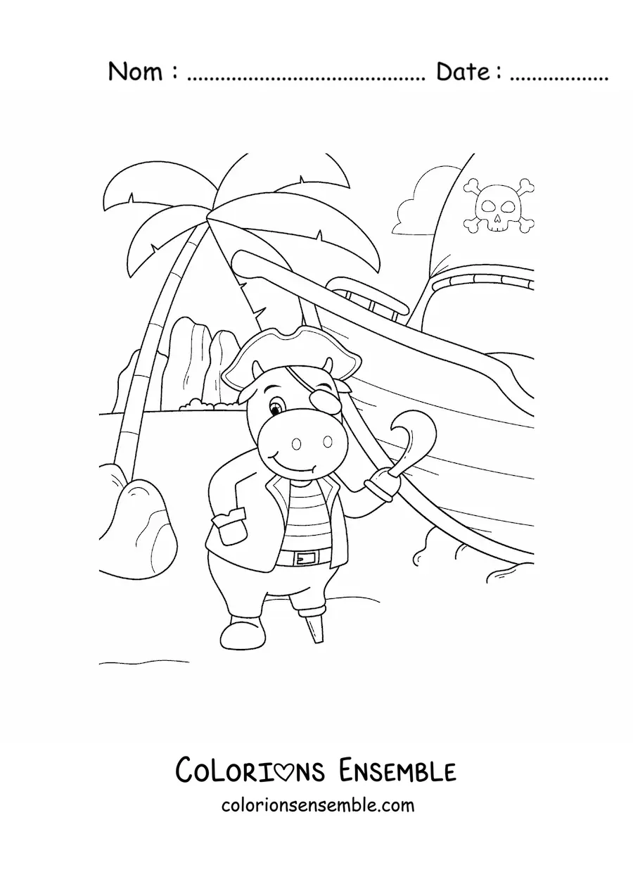 Coloriage d'une vache pirate animée sur l'île au trésor avec son bateau