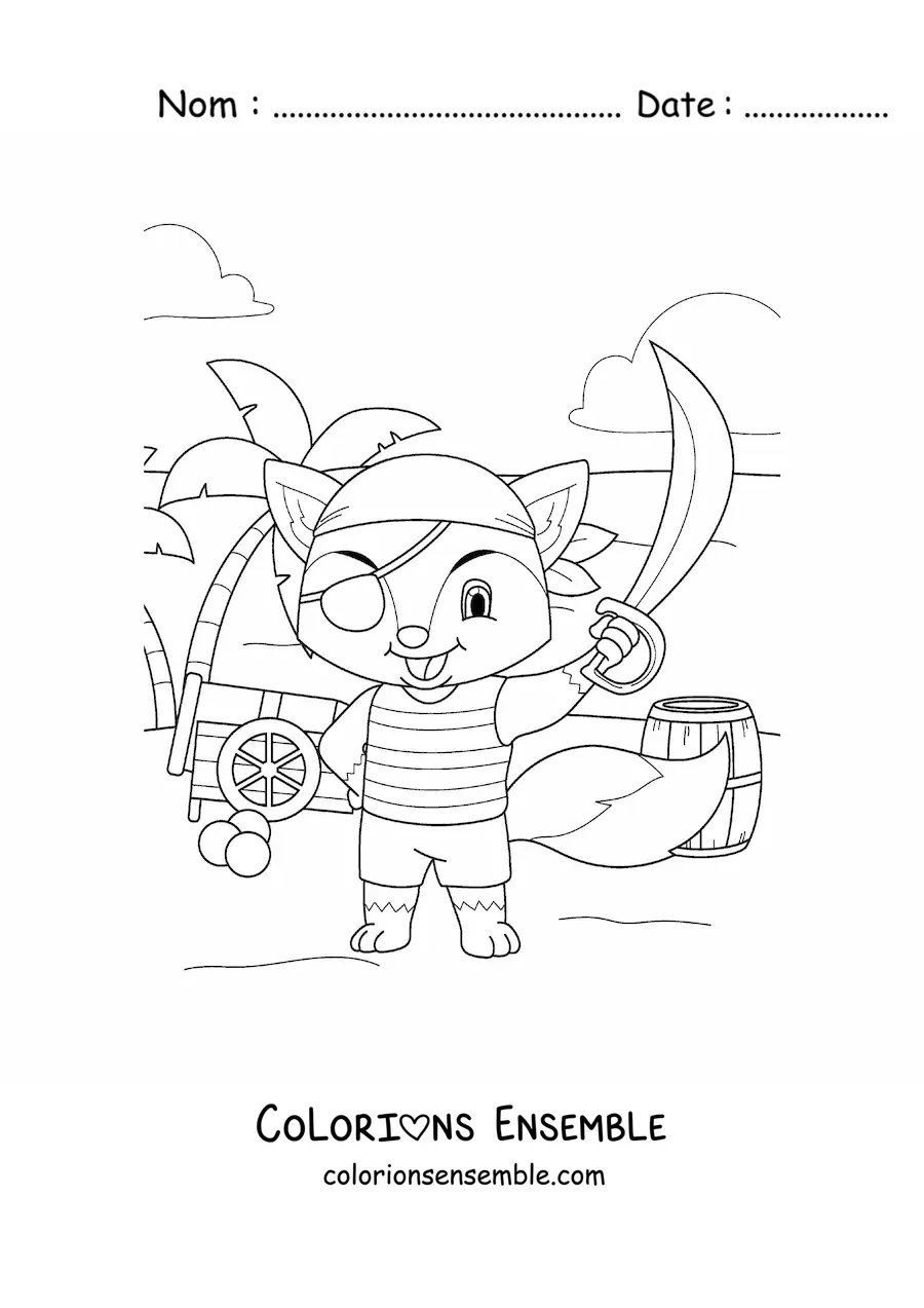 Coloriage d'un renard pirate animé sur l'île au trésor