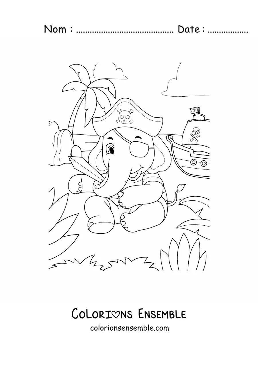 Coloriage d'un éléphant pirate animé sur l'île au trésor avec son bateau
