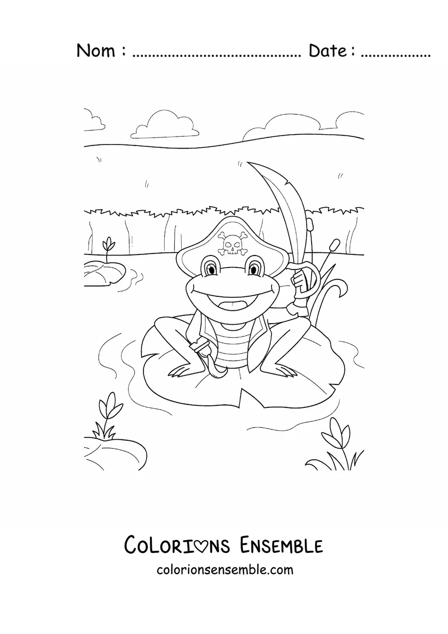 Coloriage d'une grenouille pirate animée dans son marais