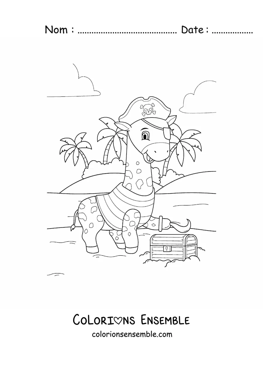 Coloriage d'une girafe pirate animée avec un coffre au trésor sur l'île