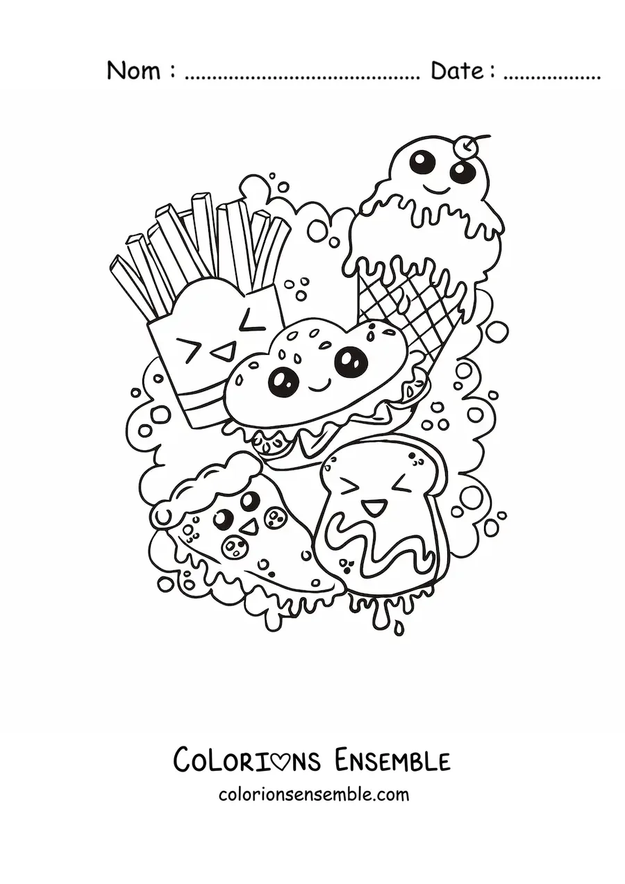 Image à colorier d'un hamburger, de frites, d'une glace et d'une tartine kawaii