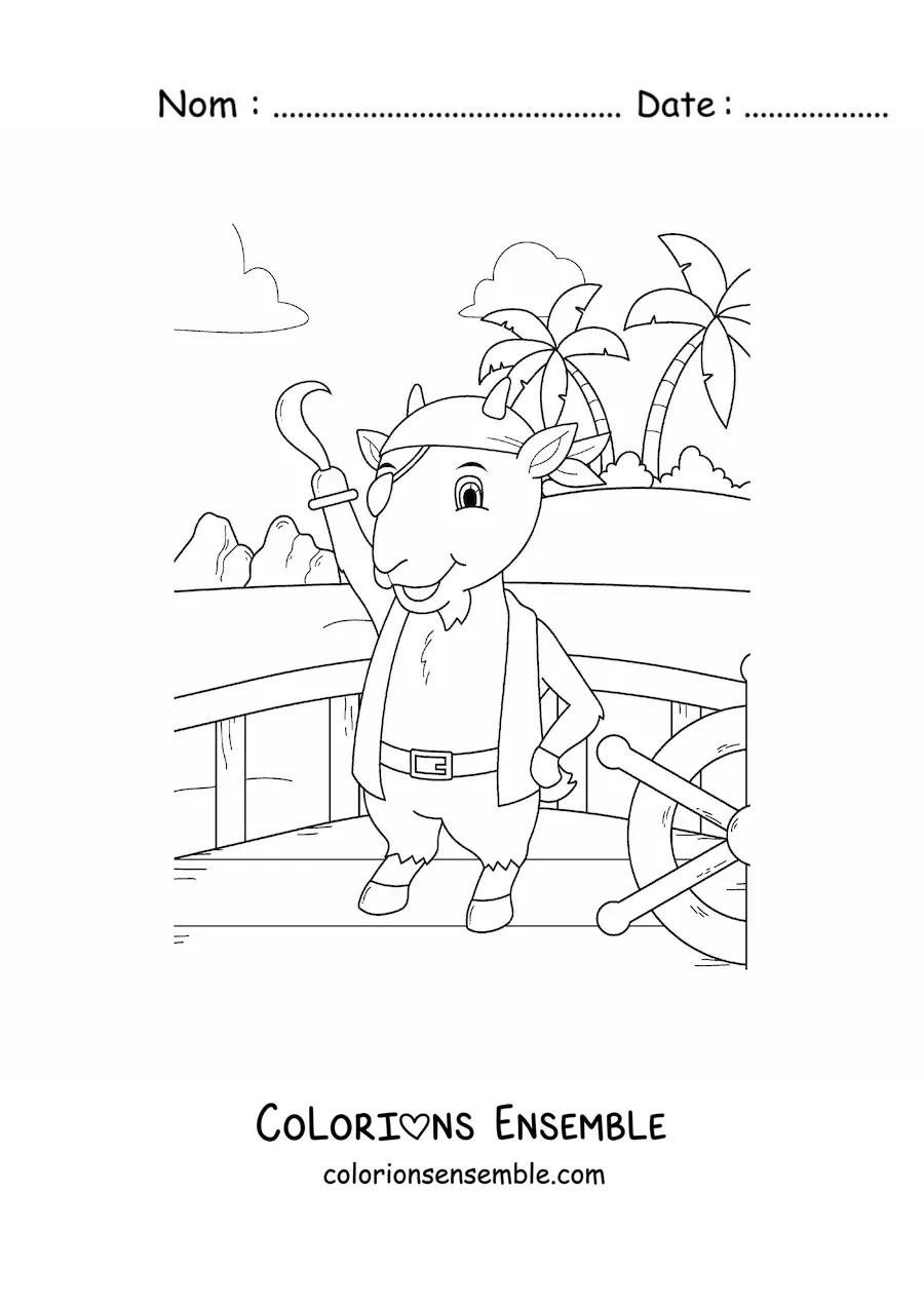Coloriage d'une chèvre pirate animée sur un bateau