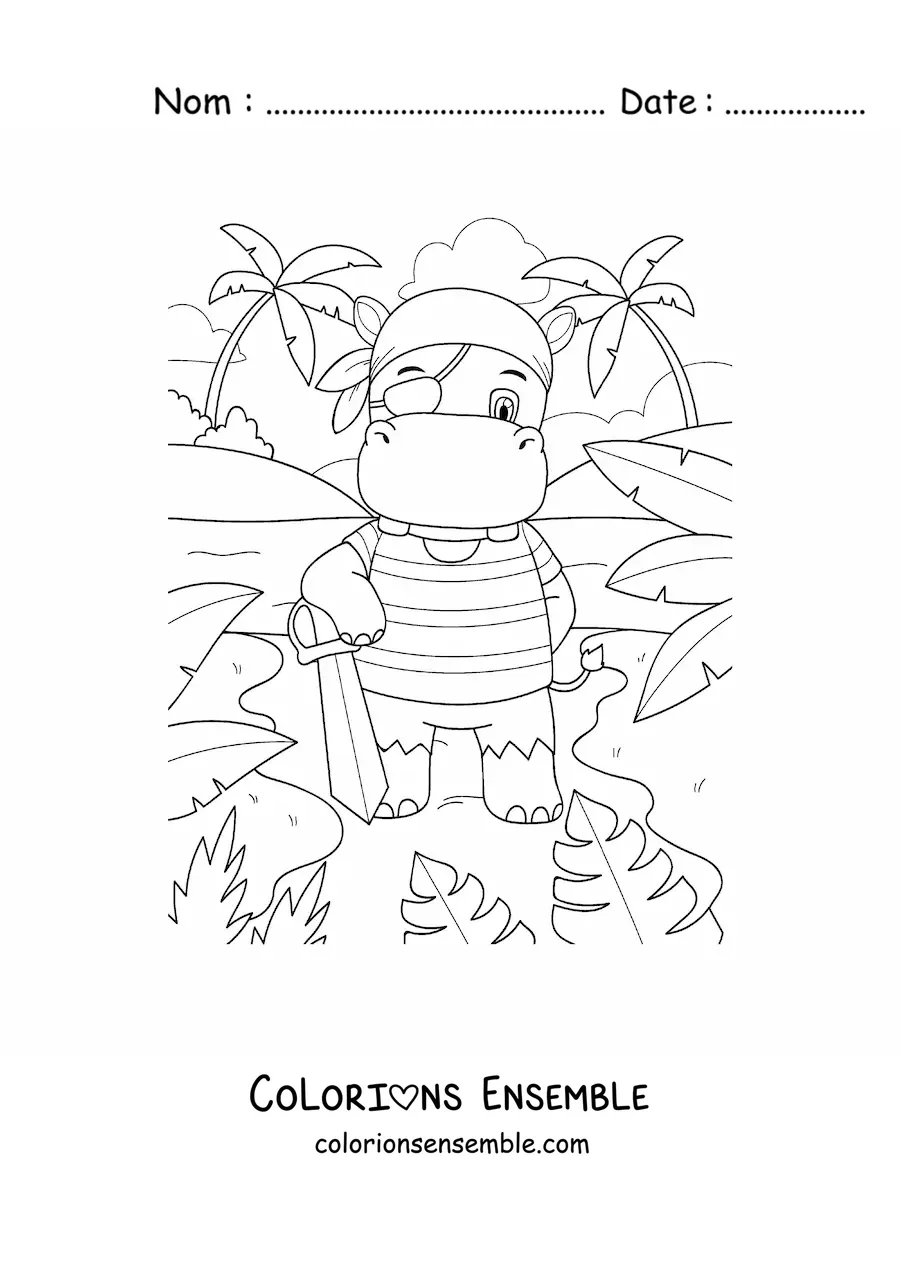 Coloriage d'un hippopotame pirate animé sur l'île au trésor