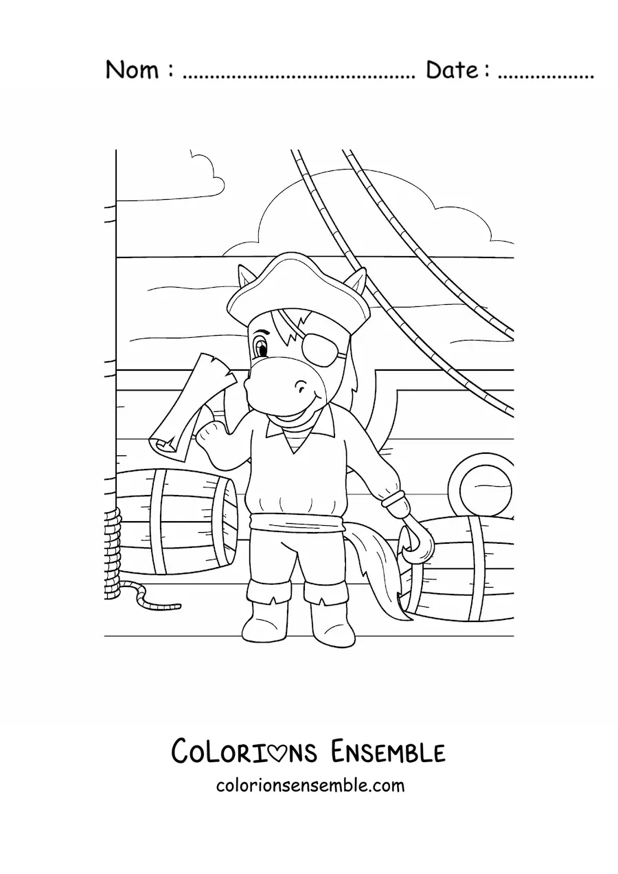 Coloriage d'un cheval pirate animé sur un bateau pirate