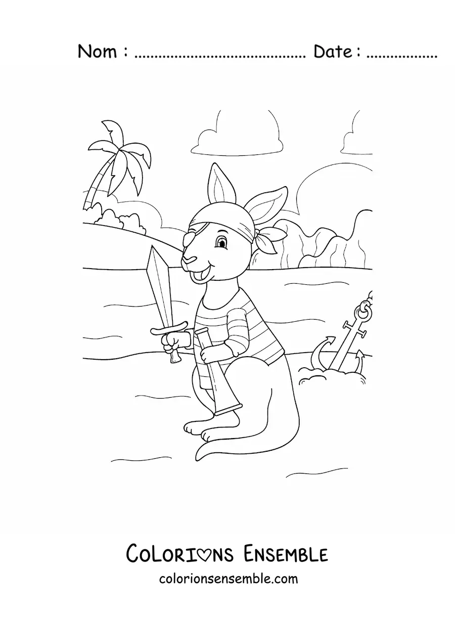 Coloriage d'un kangourou pirate animé cherchant un trésor sur l'île