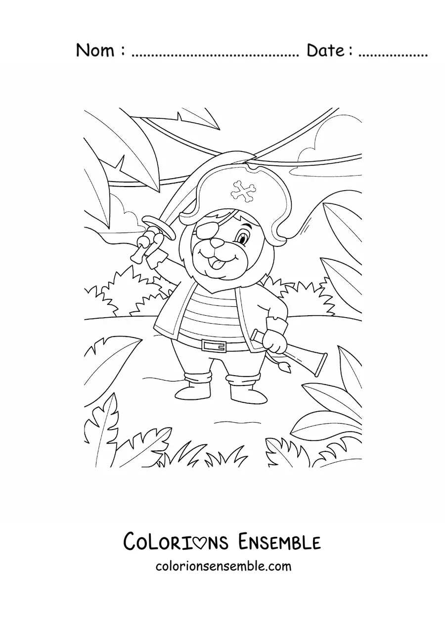Coloriage d'un lion pirate animé sur l'île au trésor