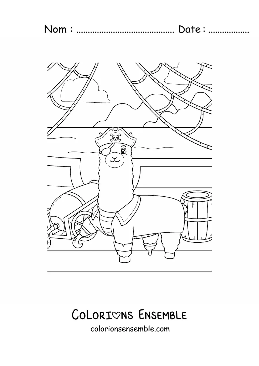 Coloriage d'un lama pirate animé sur un bateau pirate