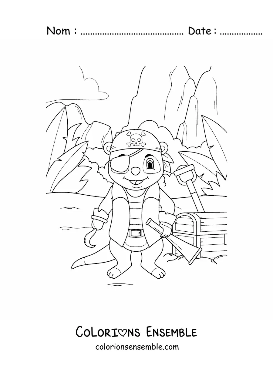 Coloriage d'un suricate pirate en dessin animé avec un coffre au trésor sur l'île