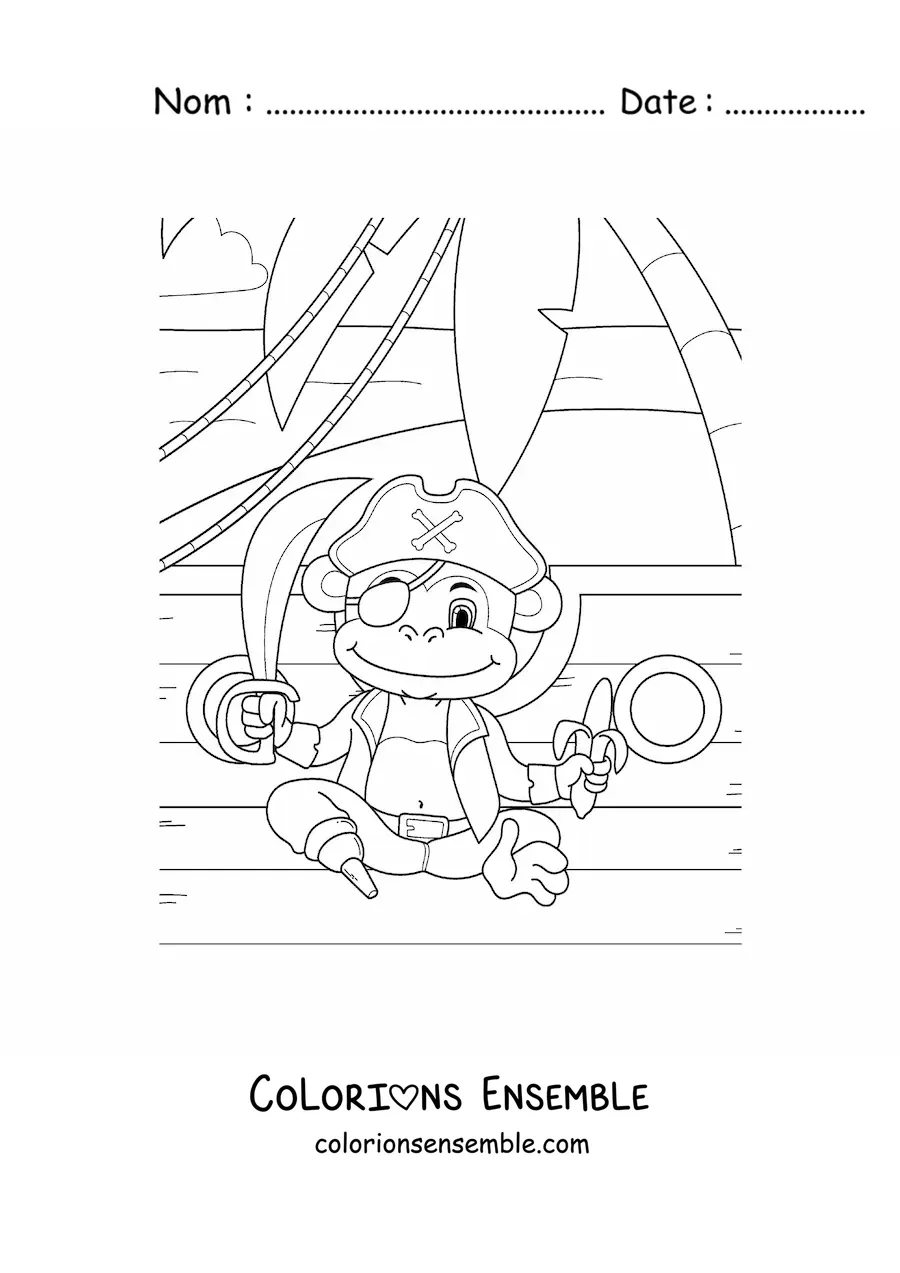 Coloriage d'un singe pirate animé sur un bateau pirate