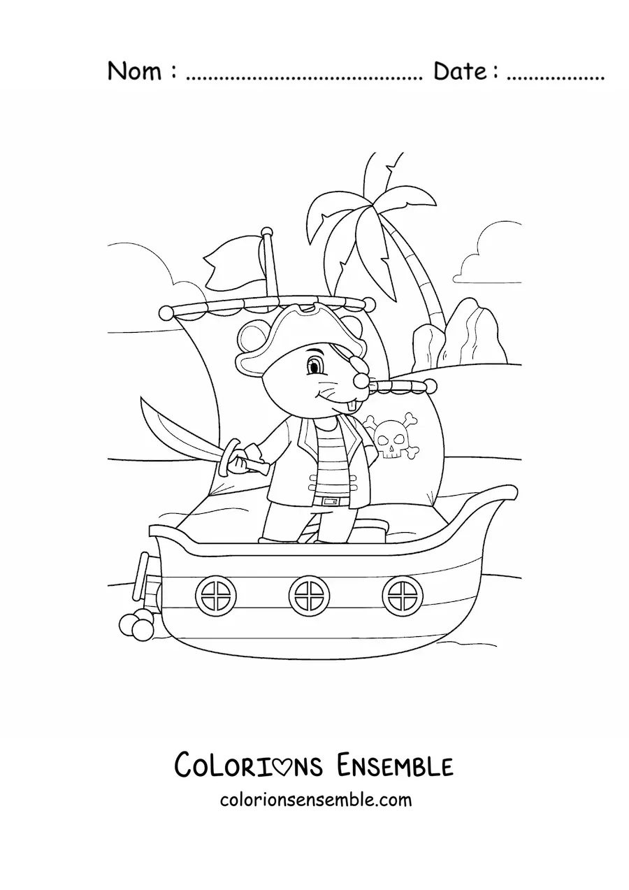 Coloriage d'une souris pirate animée sur un bateau arrivant à l'île