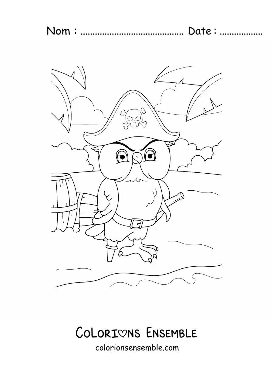 Coloriage d'un hibou pirate animé sur l'île au trésor
