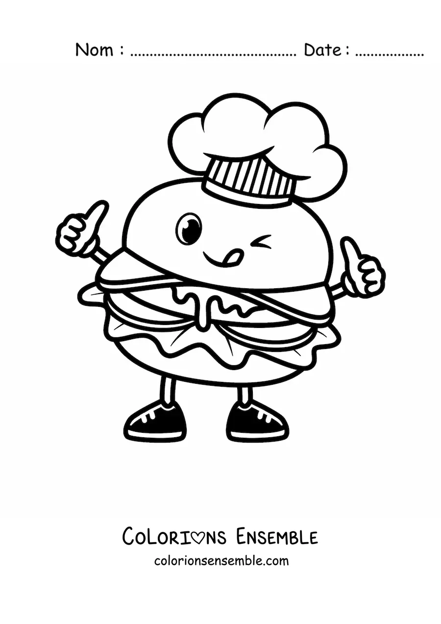 Image à colorier d'un hamburger animé avec une toque de chef qui tire la langue