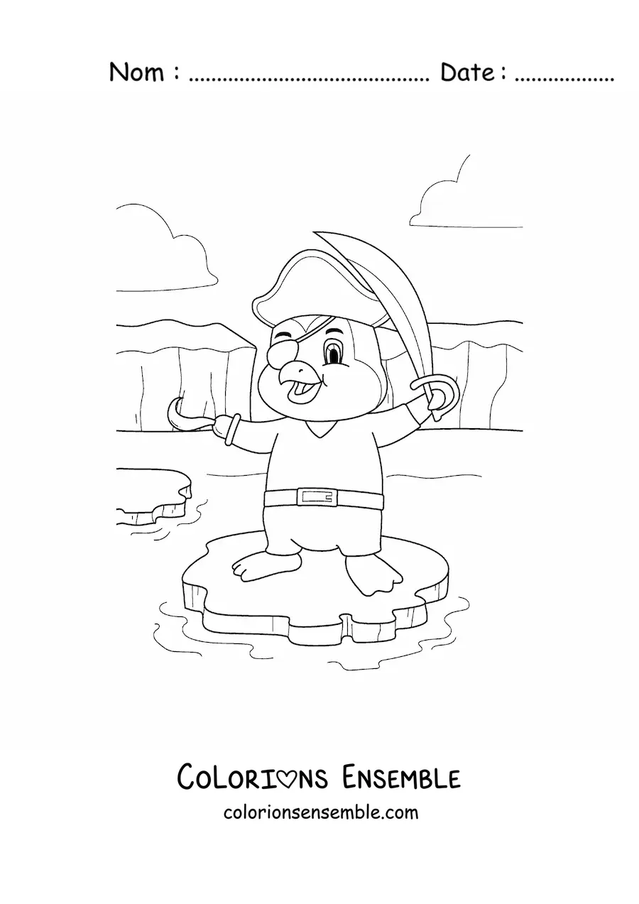 Coloriage d'un pingouin pirate animé sur un iceberg