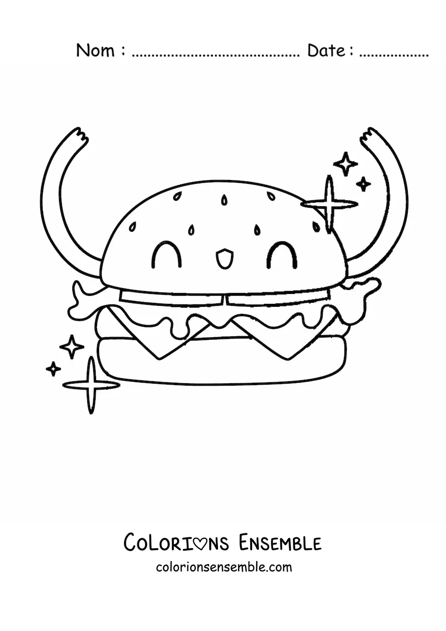 Image à colorier d'un hamburger animé qui sourit avec les bras levés