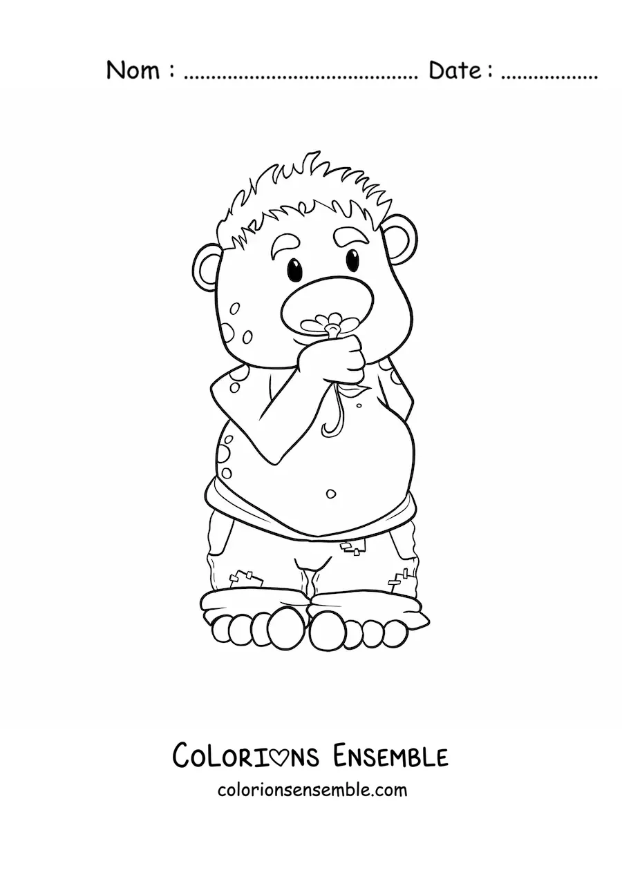 Coloriage d'un troll animé sentant une fleur