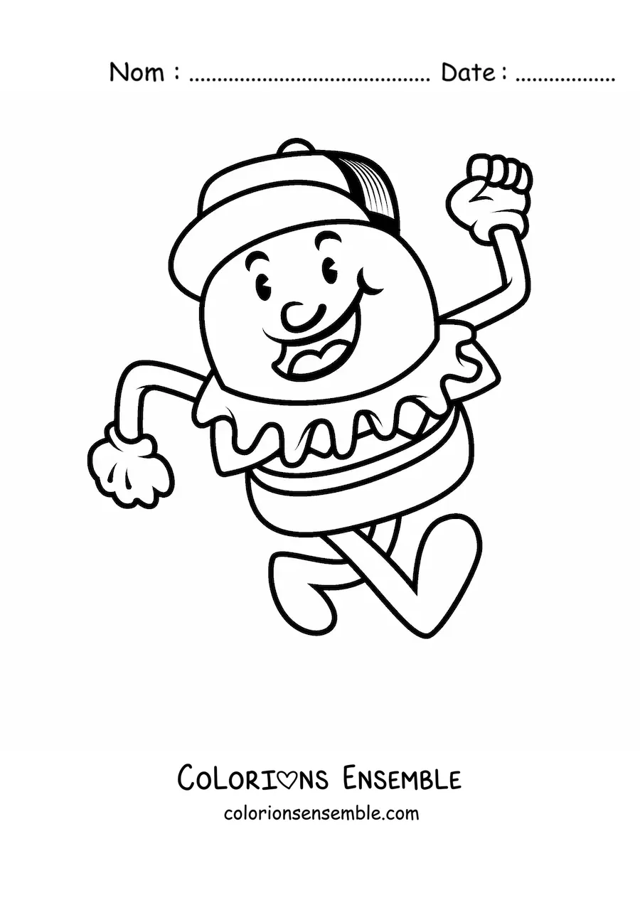 Image à colorier d'un hamburger animé avec une casquette qui marche