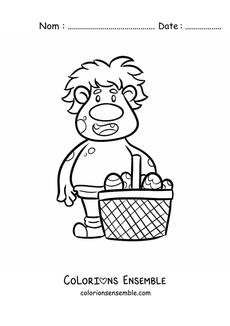 Coloriage d'un troll animé avec un panier d'œufs de Pâques