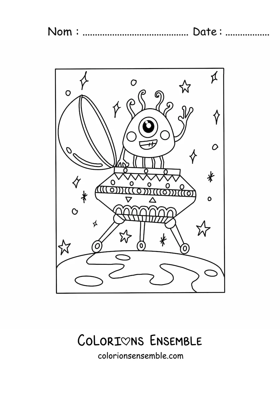 Coloriage d'un extraterrestre kawaii dans son vaisseau