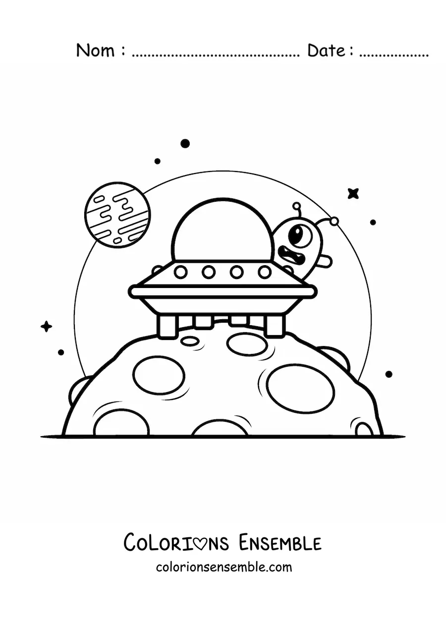 Coloriage d'un extraterrestre animé dans un vaisseau sur une autre planète