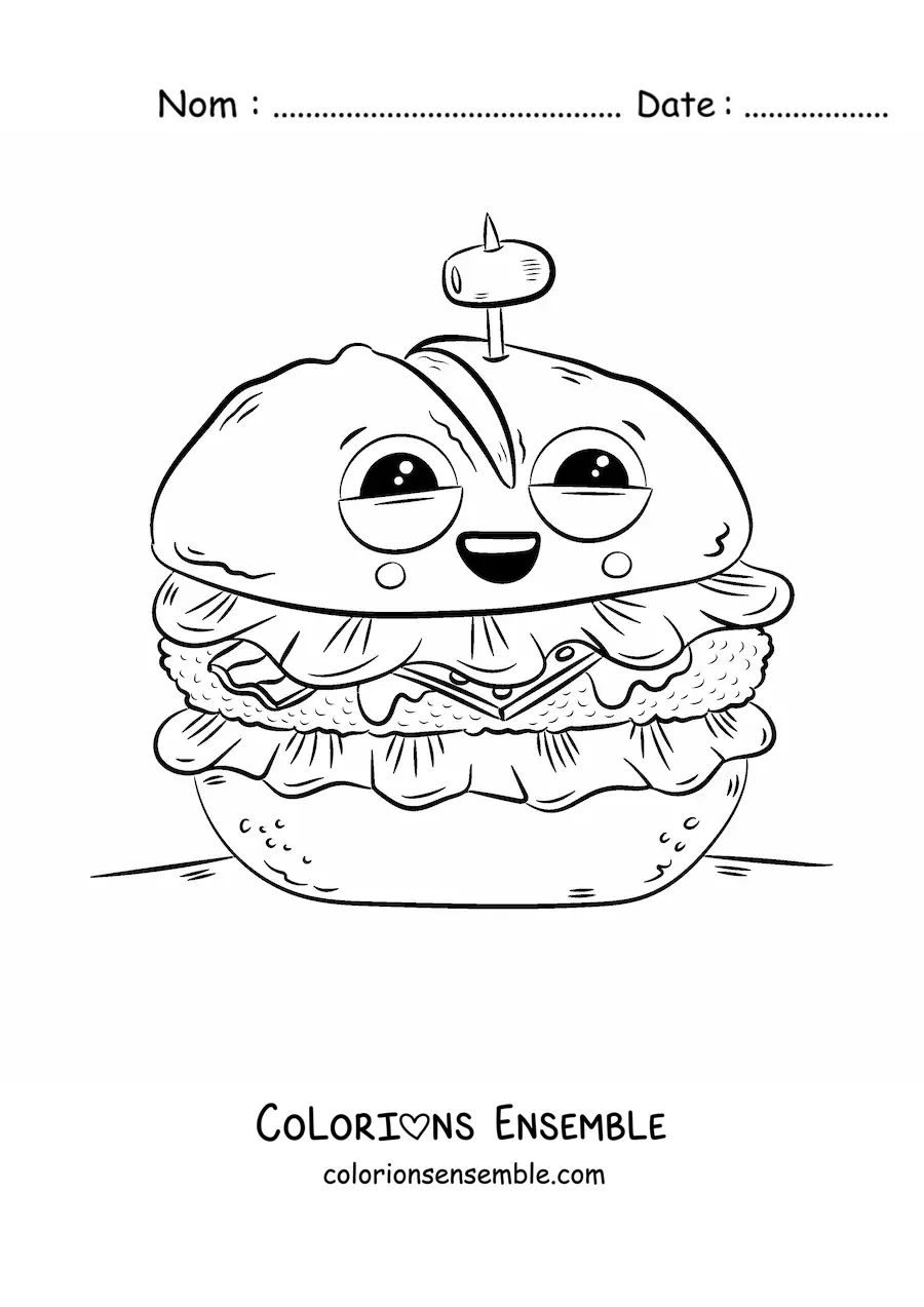 Image à colorier d'un hamburger animé avec une olive piquée dessus