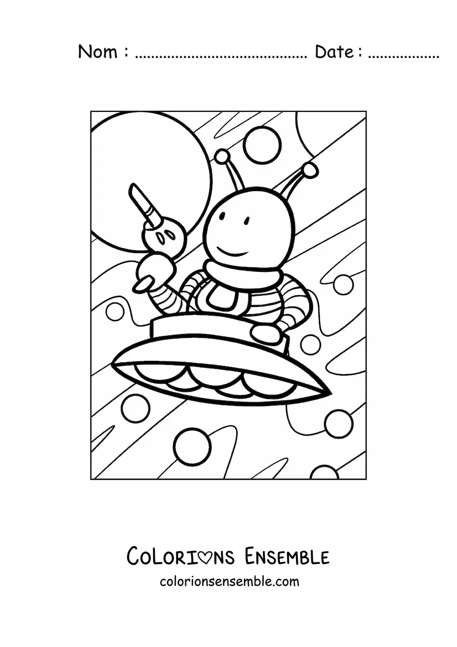 Coloriage d'un extraterrestre animé avec une arme dans son vaisseau spatial