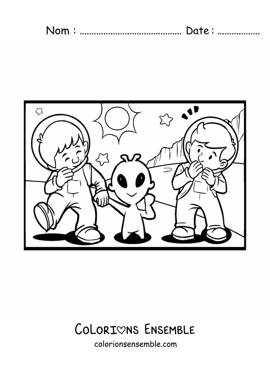 Coloriage d'astronautes avec un extraterrestre sur Mars