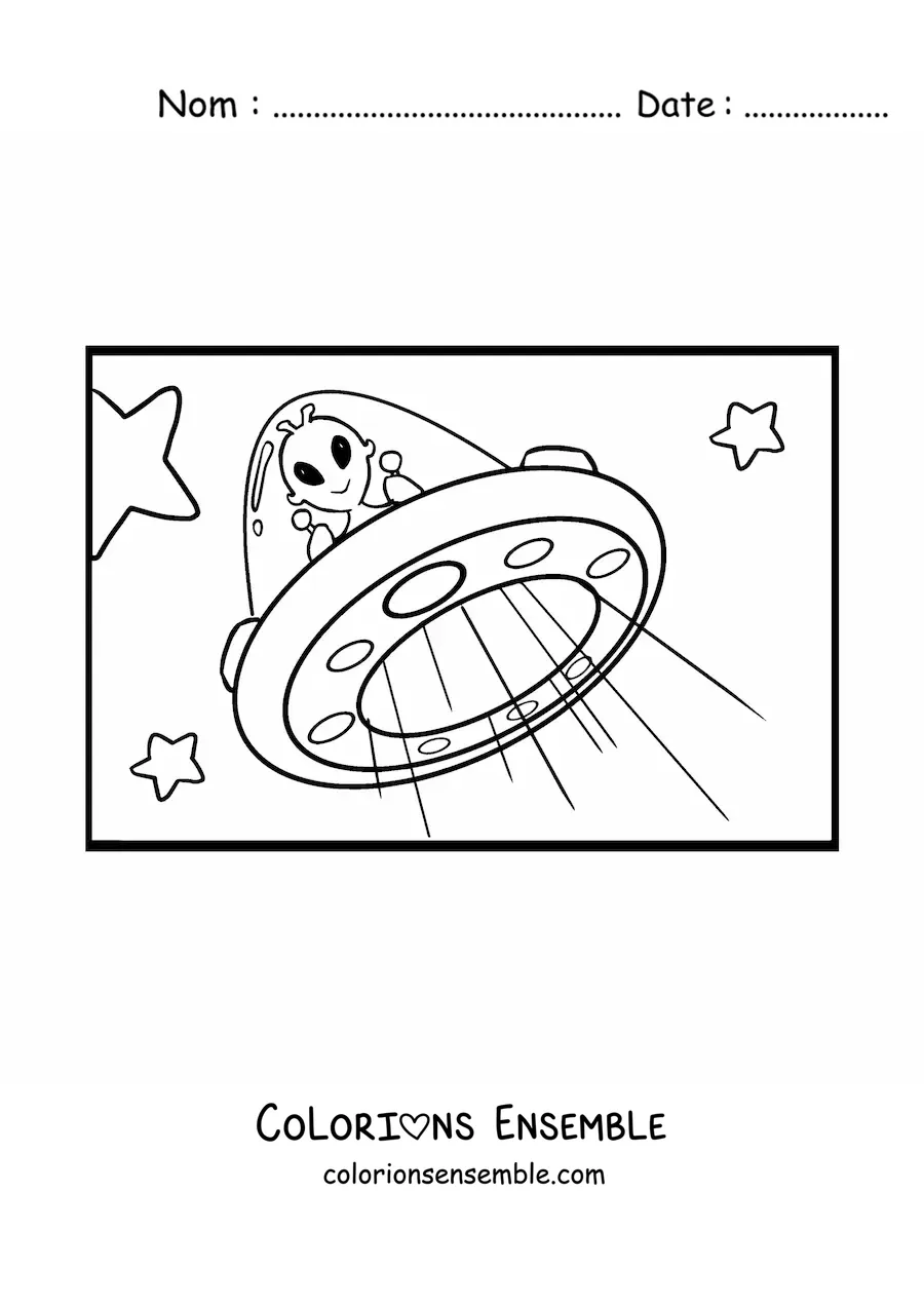 Coloriage d'un martien animé volant dans un ovni