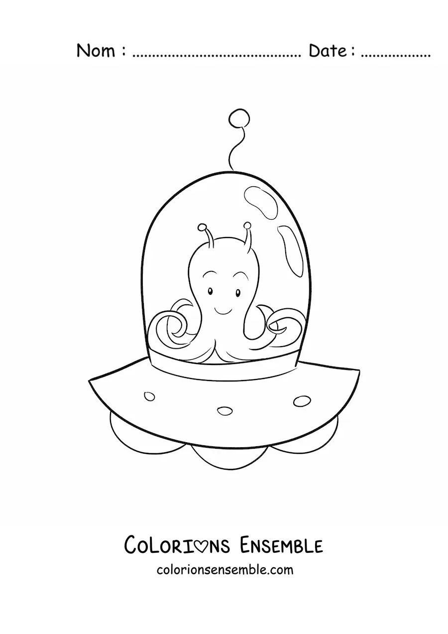 Coloriage d'un martien animé dans un ovni