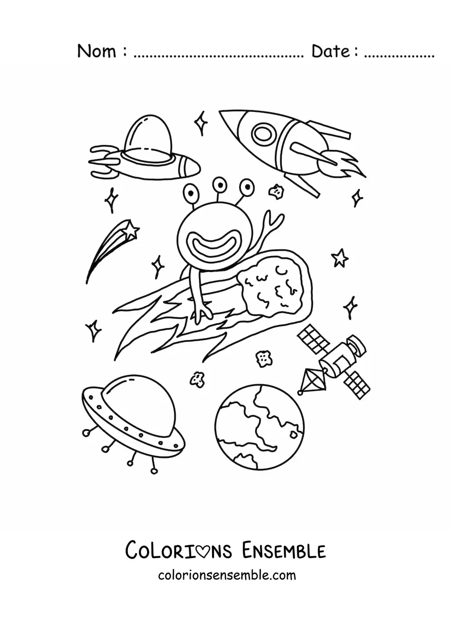Coloriage d'un martien animé sur un astéroïde