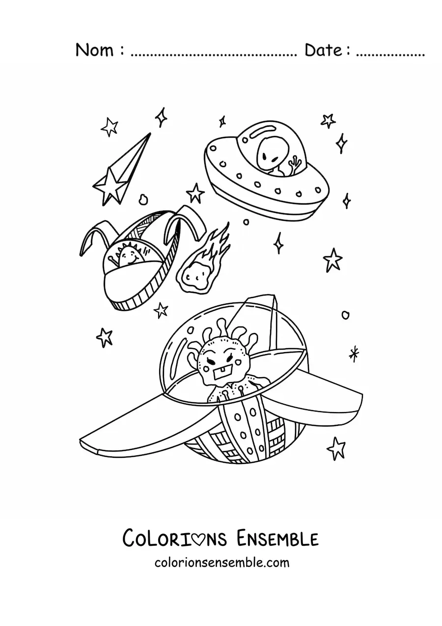 Coloriage d'extraterrestres animés dans des vaisseaux spatiaux