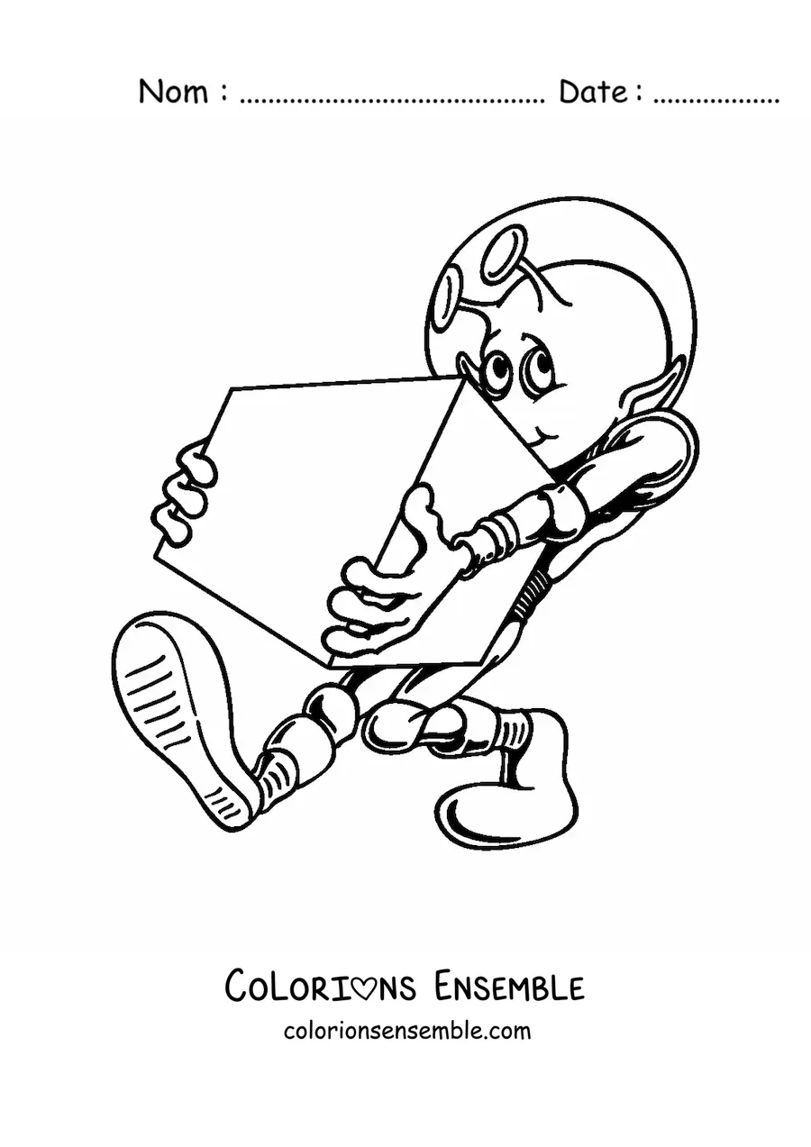 Coloriage d'un dessin de martien portant une boîte