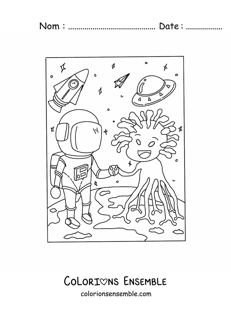 Coloriage d'un astronaute saluant un extraterrestre