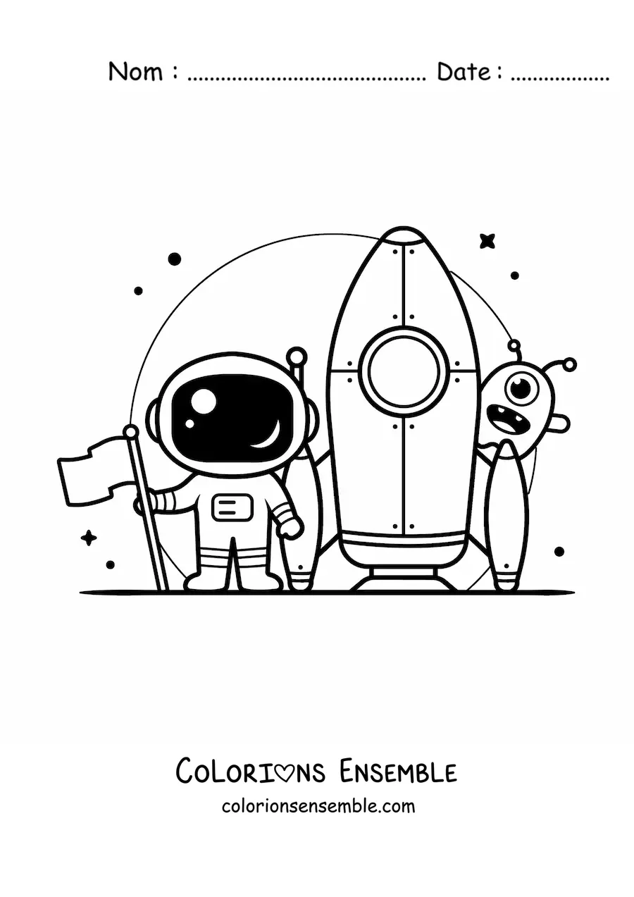 Coloriage d'un astronaute avec une fusée et un extraterrestre