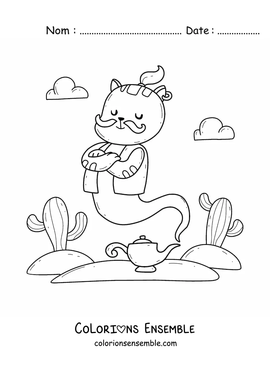 Coloriage d'un chat génie kawaii animé sortant de la lampe