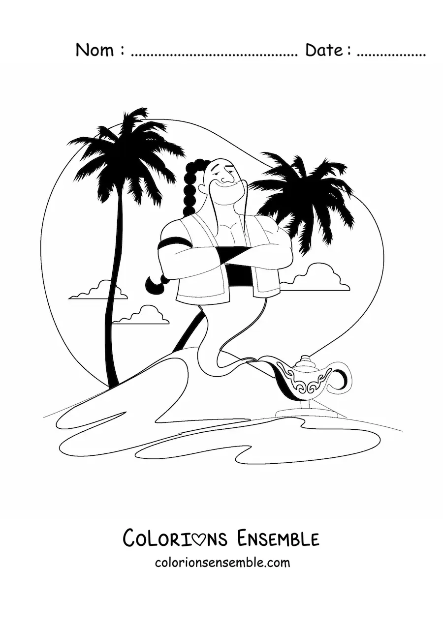 Coloriage d'un génie animé sortant de la lampe merveilleuse