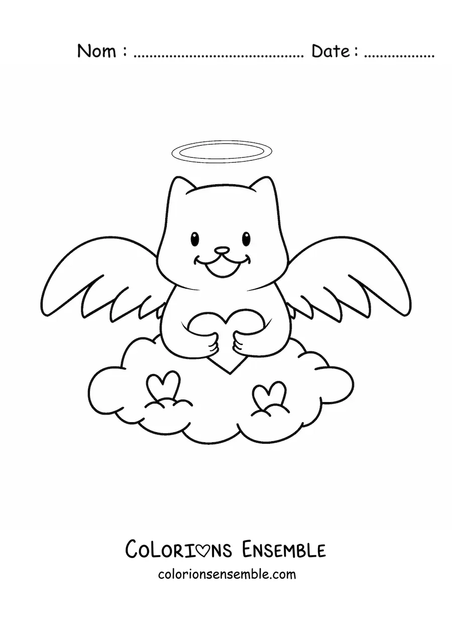 Image à colorier d'un chat ange animé avec un cœur dans le ciel
