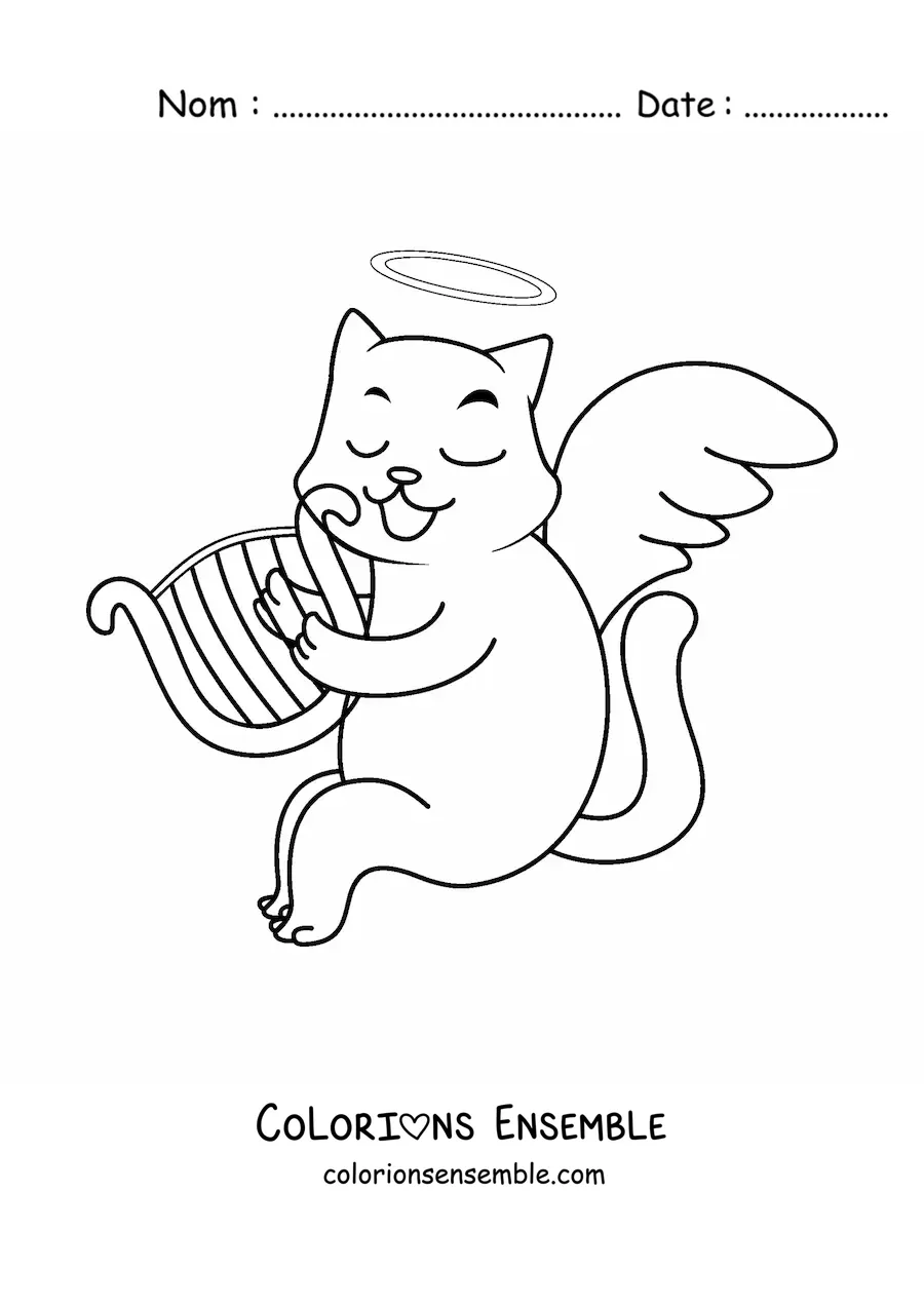 Image à colorier d'un chat ange animé jouant de la harpe