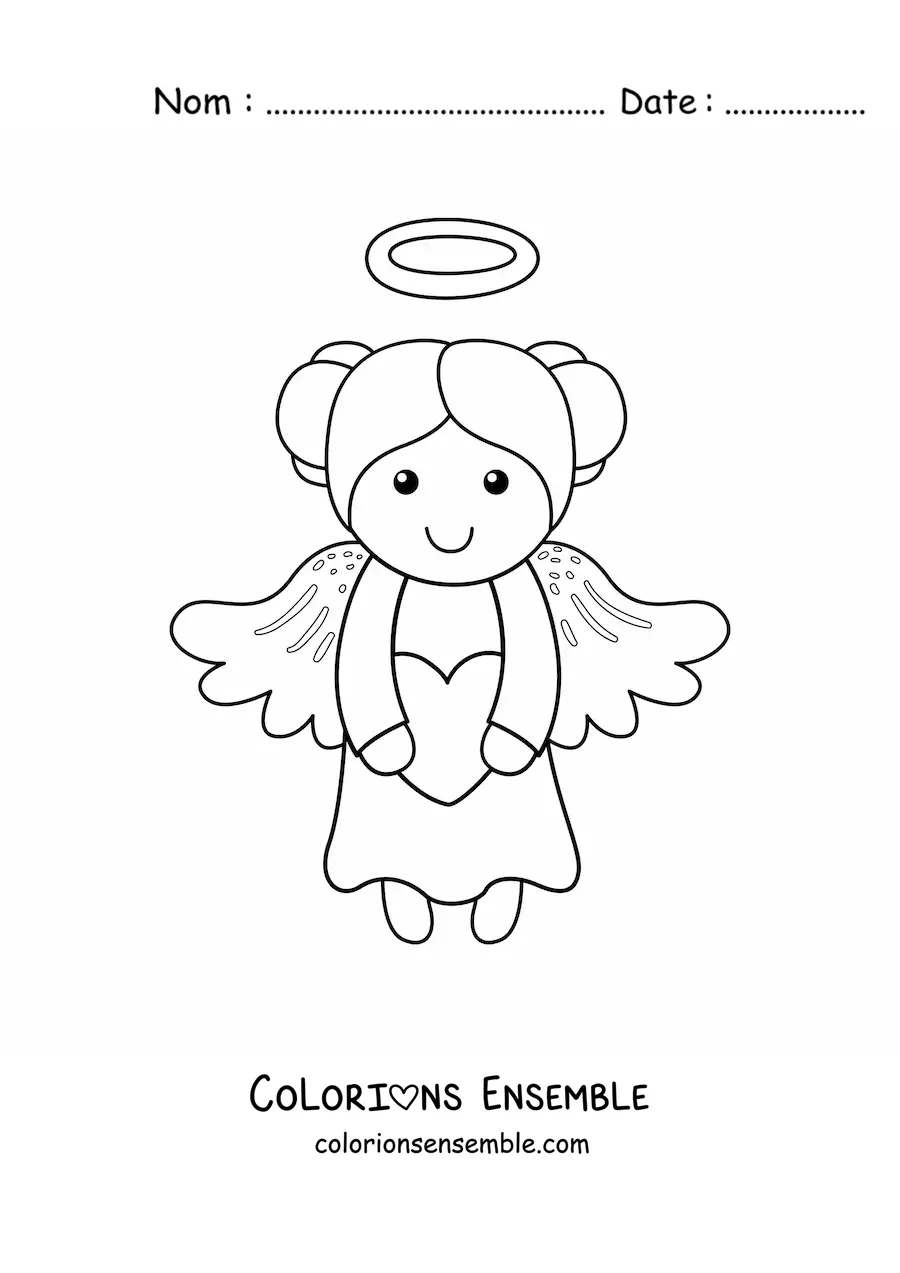 Image à colorier d'une fille ange animée volant avec un cœur