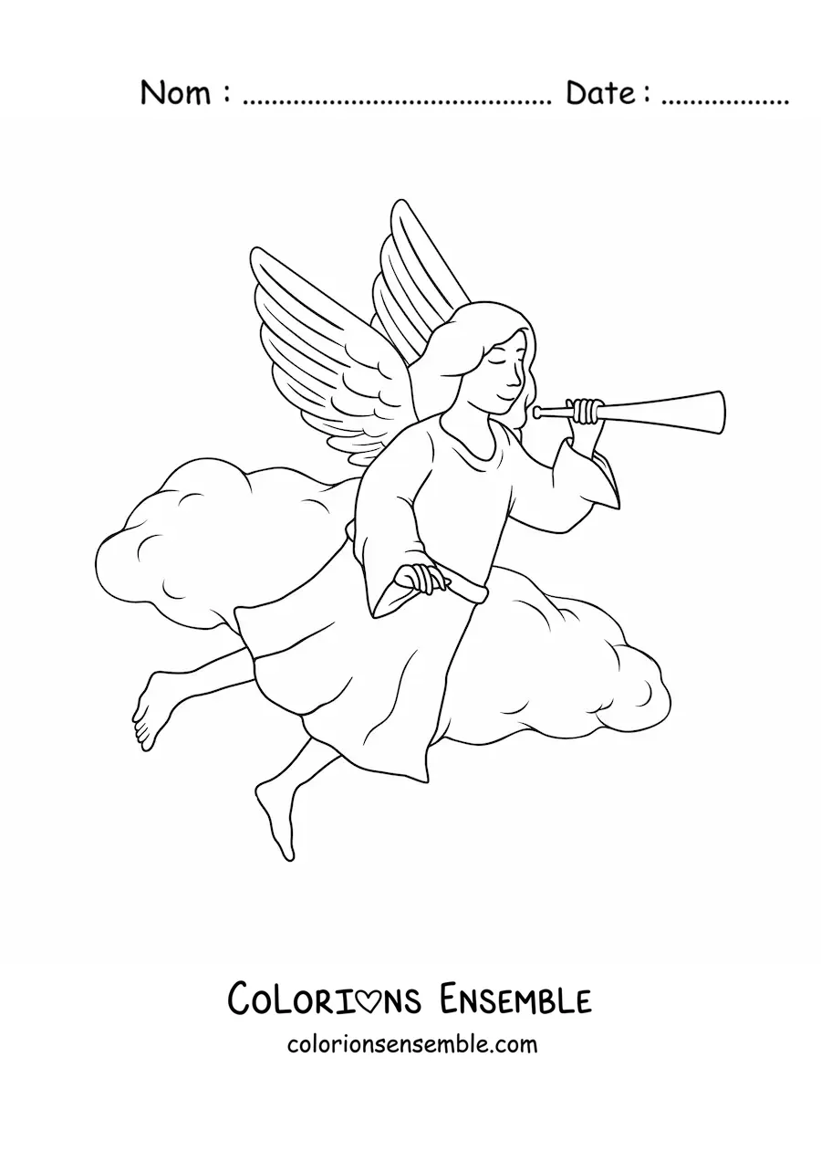 Image à colorier d'un ange volant dans le ciel avec une trompette