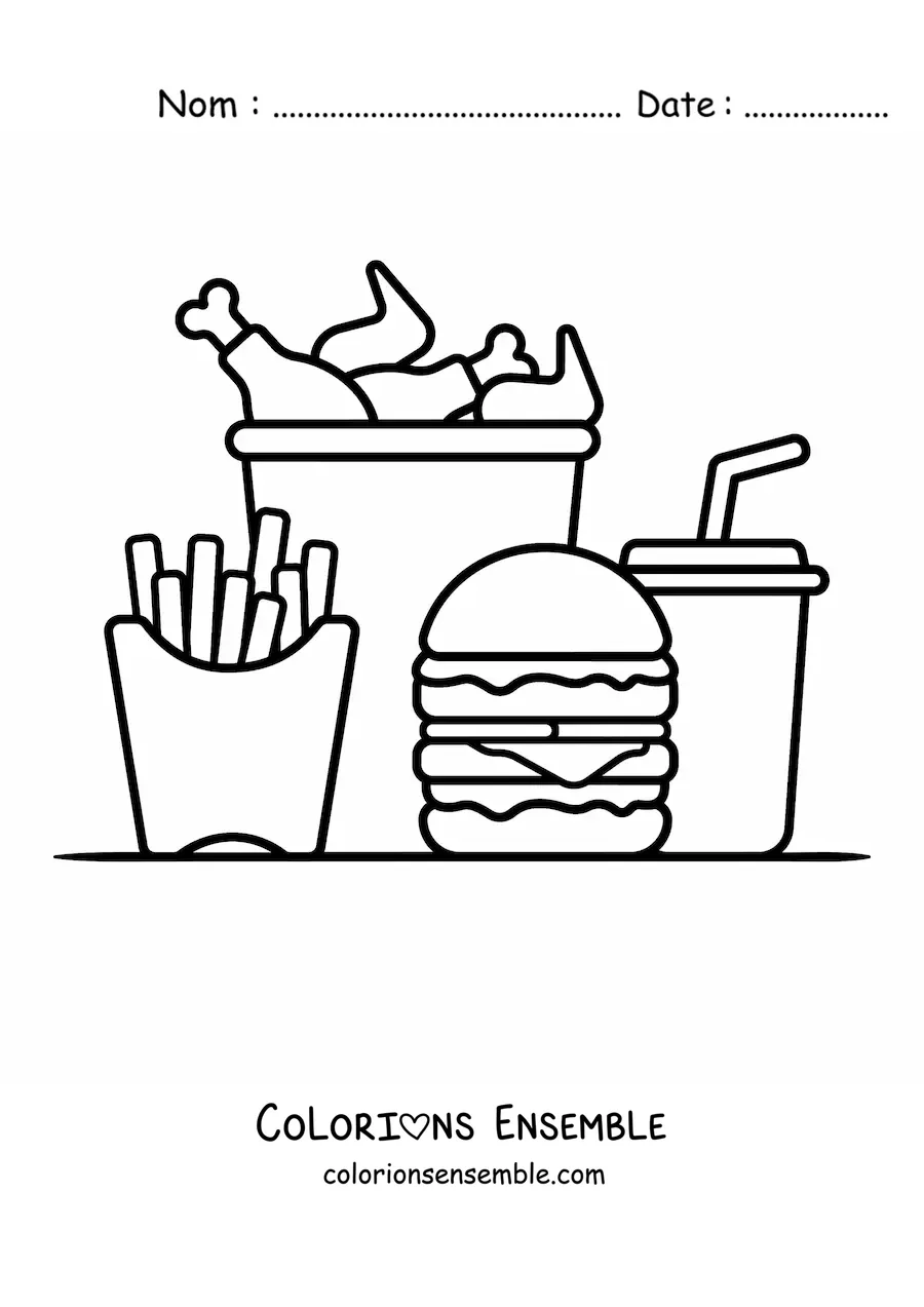 Image à colorier d'un hamburger avec des frites, un soda et une boîte de poulet